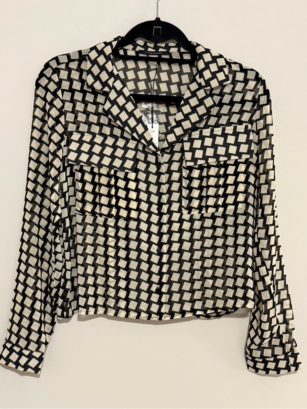 T Tahari Black and White Checked Button-Down Shirt - Picture 2 of 7